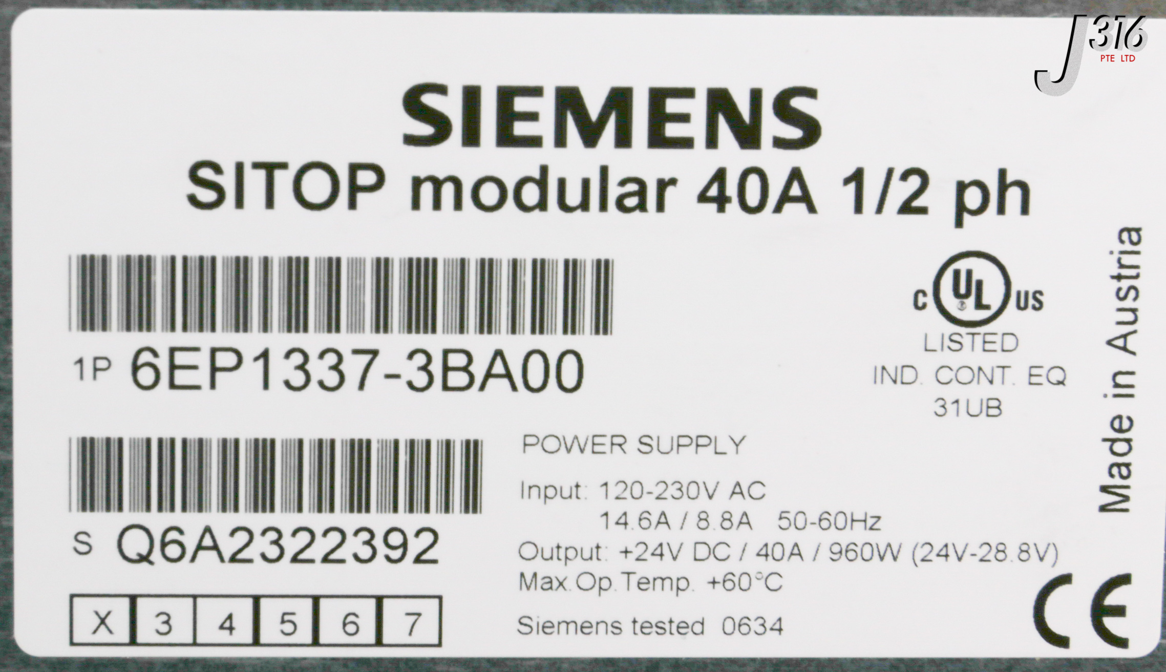31478 SIEMENS SITOP MODULAR 40A 1/2 PH , POWER SUPPLY (NEW) 6EP1
